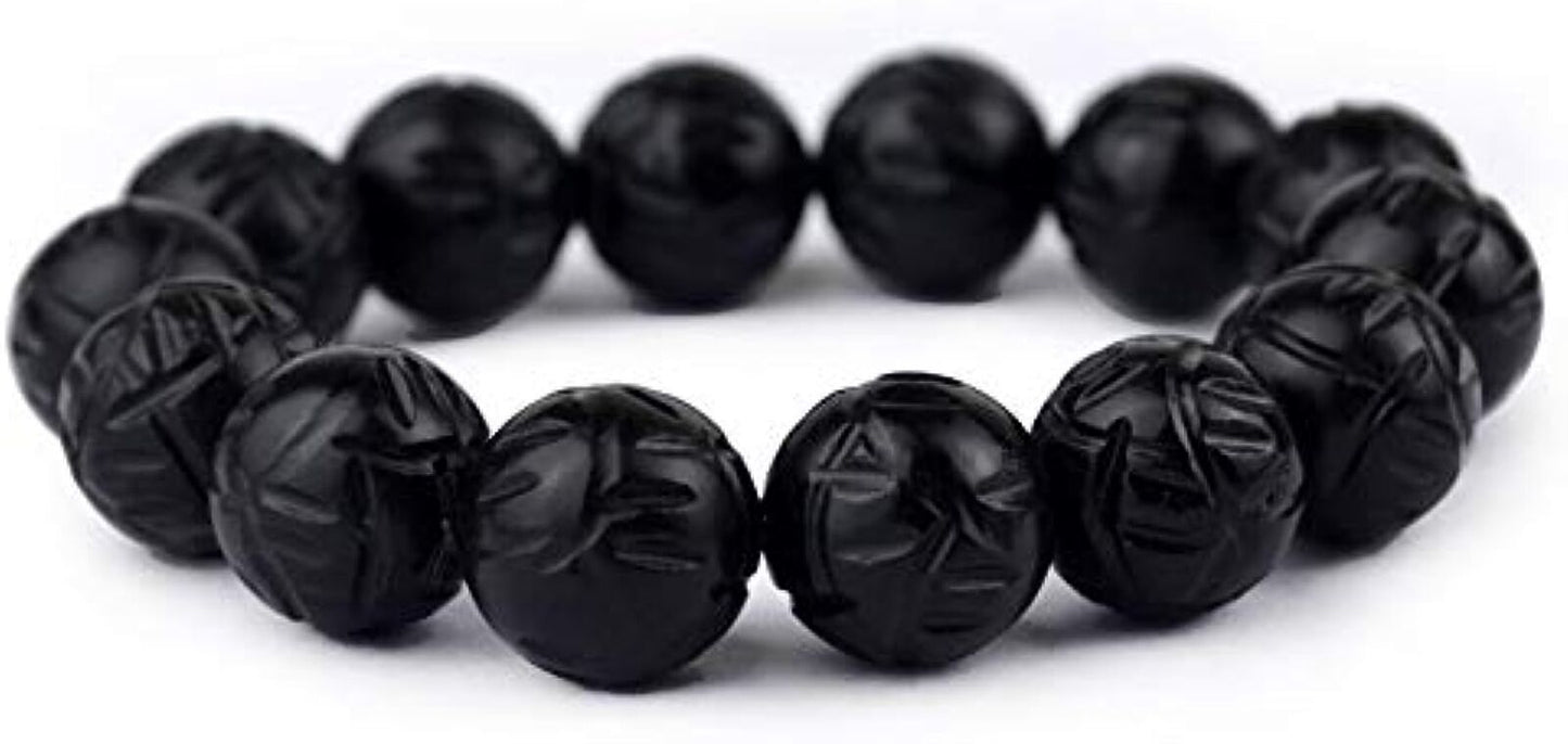Bracelet Natural Bian Stone Black Beads 16mm Elastic Hand String for Women Men
