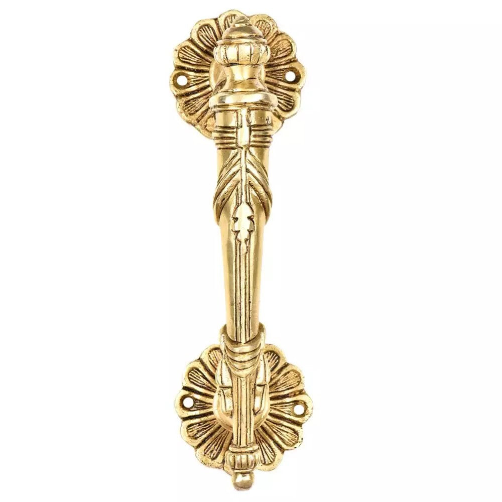 Set of 2 Antique Look Brass Ethnic Carved Brass Flower Base Door Handle