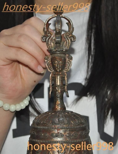 10"Ancient Tibet Temple Bronze Gilt Tara Statue Exorcism Bell Chung Chimes Clock