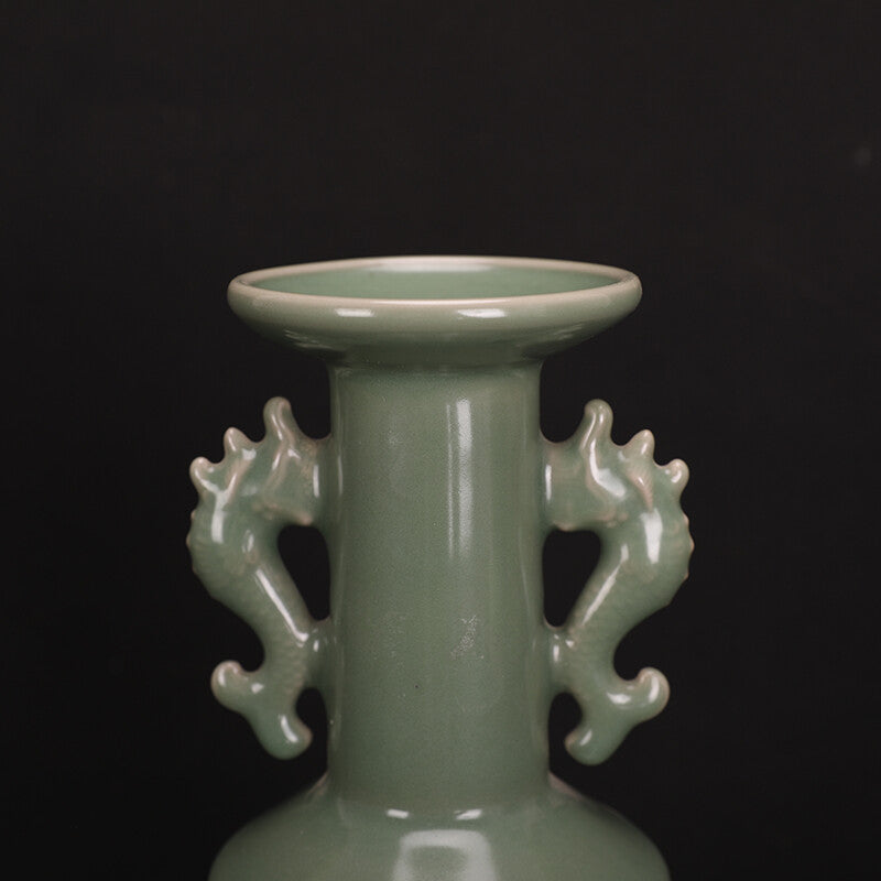 Chinese Song Dynasty Longquan Kiln Plum Green Celadon Double Dragon Vase