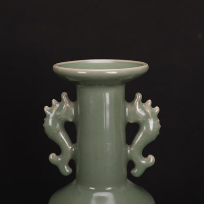 Chinese Song Dynasty Longquan Kiln Plum Green Celadon Double Dragon Vase
