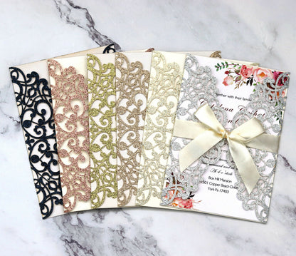 50X Glitter Wedding Invitation Card Laser Cut Romantic Party Floral Personalize