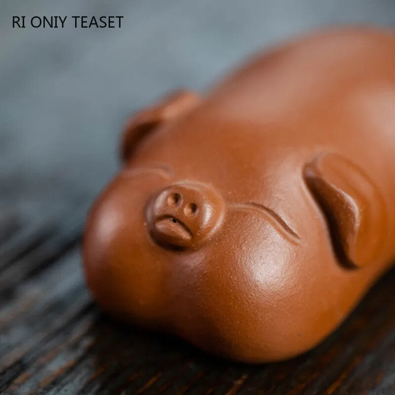 Chinese Yixing Handmade Cute Pig Statue Purple Clay Tea Pet Sculpture Figurine