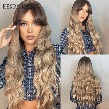 Long Wavy Wigs with Bangs Cosplay Party Synthetic Hair Wigs for Black Women