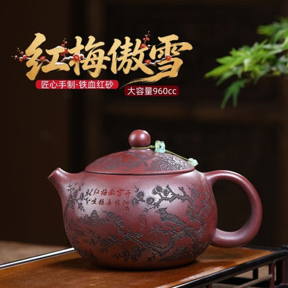 Yixing Zisha Teapot 960ml Red Clay Plum Blossom Large Gongfu Tea Pot