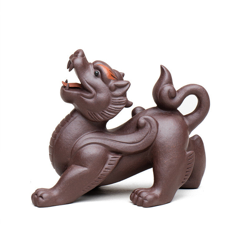 3.6" China Yixing Zisha Pottery Purple Clay Animal Wealth Pixiu Tea Pet Boy Gift