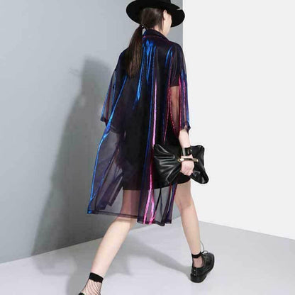 Lady Womens Holographic Laser Jacket Iridescent Transparent Shirts Tops Outwear