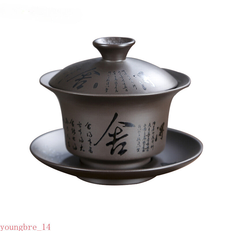 Yixing Purple Clay Gaiwan Handpainted Teacup Handmade Chinese Teaware Drinkware