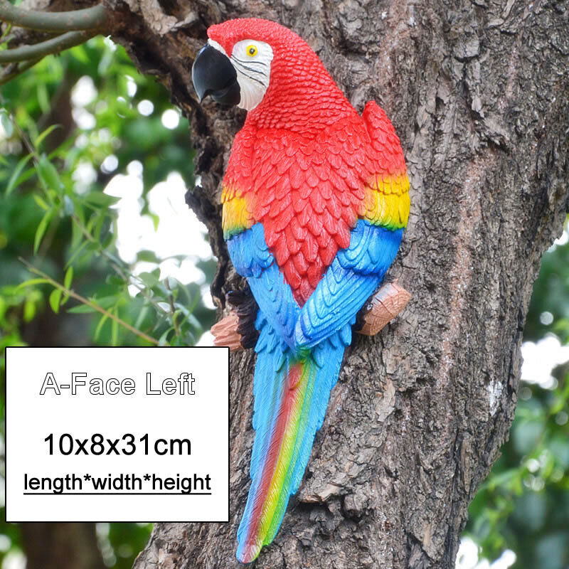 Resin Parrot Statue Wall Mounted Outdoor Garden Tree Decoration Animal Sculpture-
