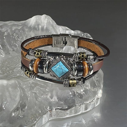 Vintage Ethnic Leather Bracelet Faux Turquoise Alloy Multi-layer Jewelry
