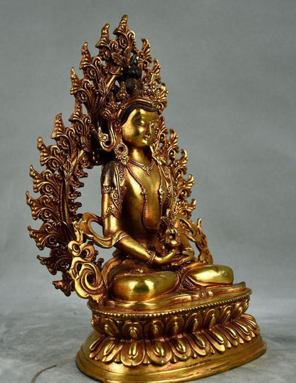10" Antique Tibetan Buddhism Temple Bronze Gilt Amitabha Longevity Buddha Statue