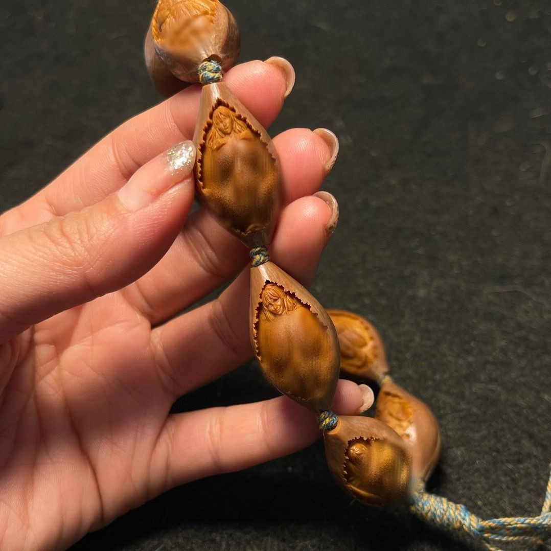 Hand Carved Peach Stone Five Emperors Coins Wealth Keychain Pendant