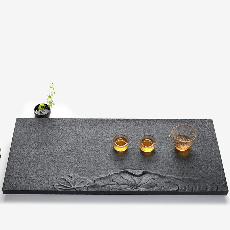 Water Draining Tea Tray Lotus Design Carved Black Stone Serving Tray Embossed