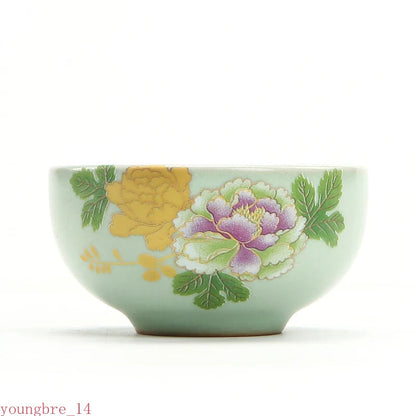 Ru Kiln Tea Cup Handmade Ceramic Cup Flowers Pattern Travel Tea Set Teacups