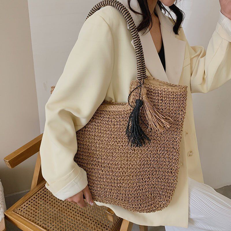 Straw Weave Tassel Beach Bag Large Fashion Shoulder Bag Handbag Purse 43*40*4 CM