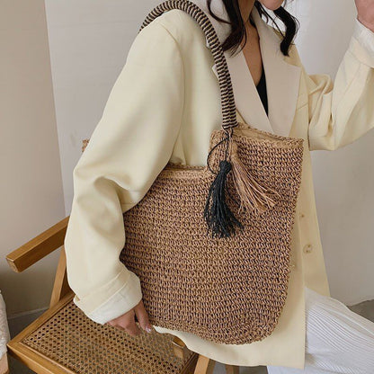 Straw Weave Tassel Beach Bag Large Fashion Shoulder Bag Handbag Purse 43*40*4 CM