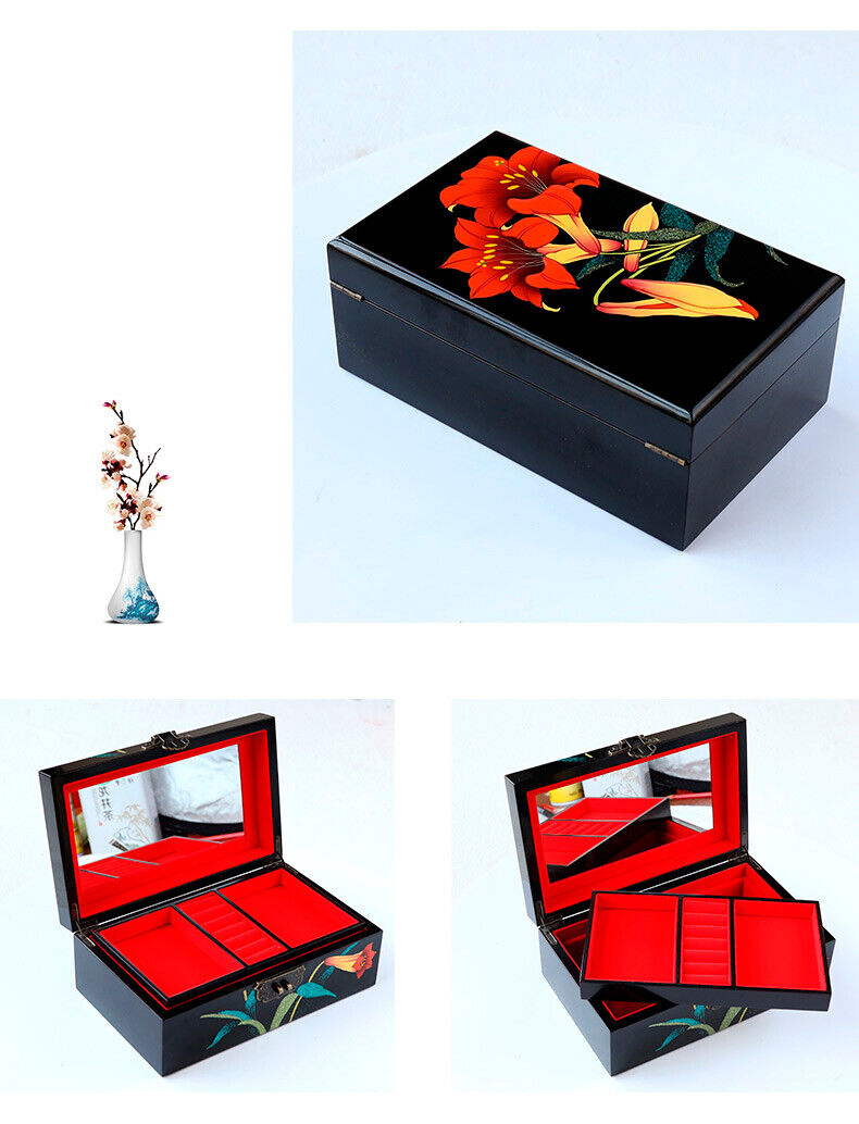 Chinese Vintage Jewelry Box Organizer Asian Black Lacquer Calla Lily Flower Gift