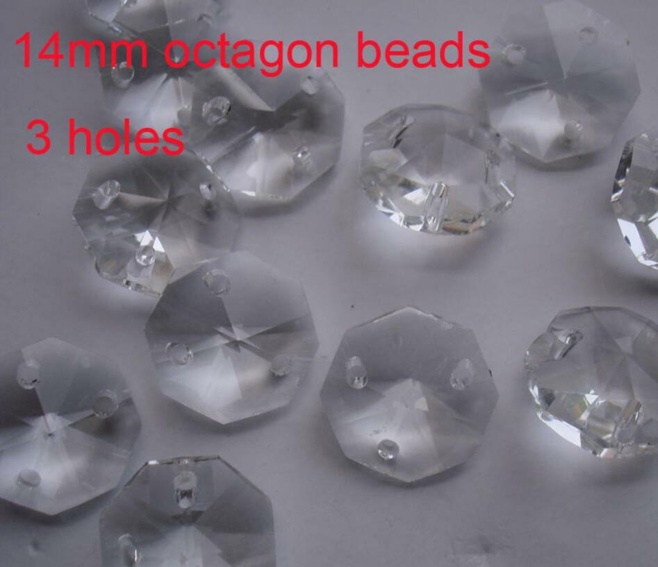 100pcs 14mm Transparent Octagonal Crystal Chandelier Beads Three Holes Wedding