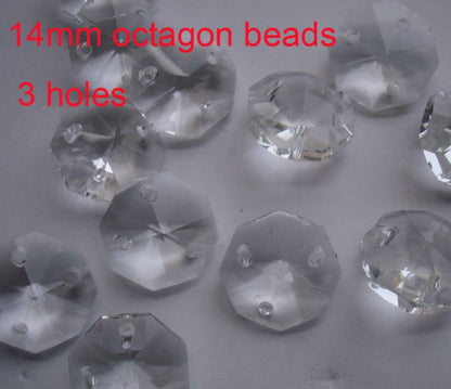 100pcs 14mm Transparent Octagonal Crystal Chandelier Beads Three Holes Wedding