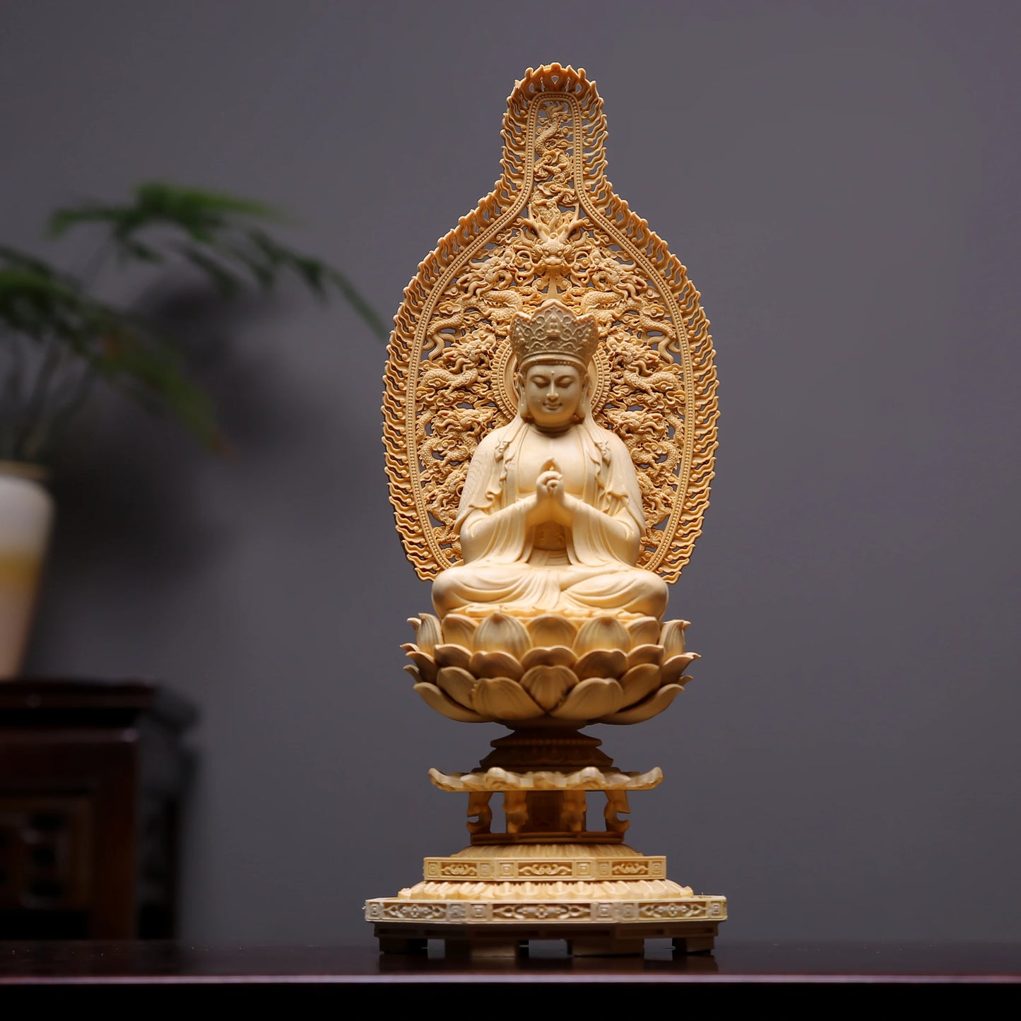 Wood Carved Mahavairocana Kuan Yin Bodhisattva Statue for Home or Temple Worship