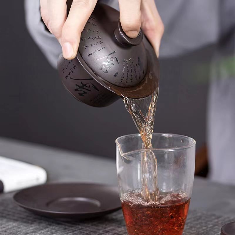 Purple Sand Cover Bowl Yixing Pure Handmade Calligraphy Tea Bowl Gift Bowl Cup