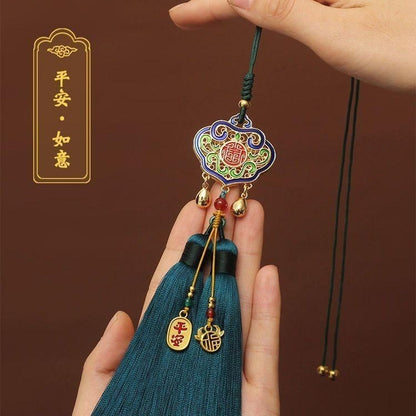 Brass Enamel Ruyi Safety Lock Car Pendant Tassel Handmade Retro Decor