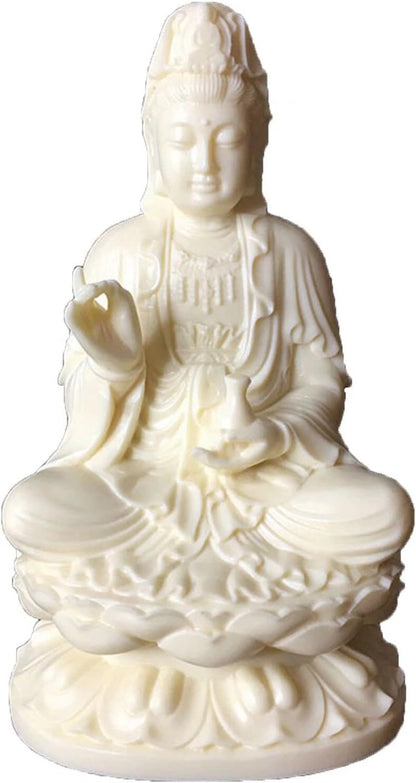 Guan Yin Buddha Statue on Lotus | White Quanyin Sculpture for Home Office Decor
