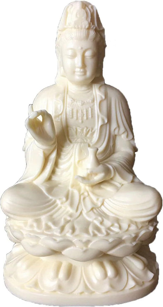 Guan Yin Buddha Statue on Lotus | White Quanyin Sculpture for Home Office Decor
