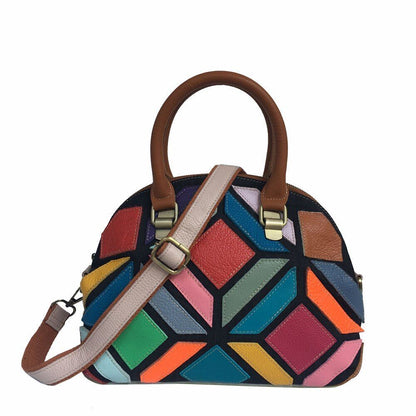 Real Leather Flower Shell Bag Handmade Patchwork Genuine Leather Messenger Shell