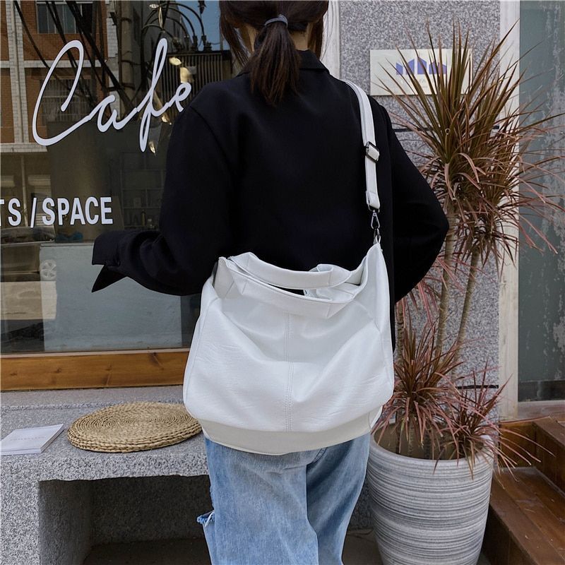 White Synthetic Leather Half Moon Bags Large Hobo Shopper Bag Soft Crossbody 1PC