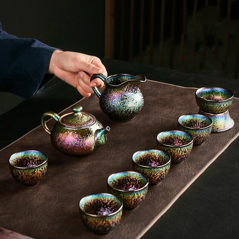 10pcs/lot Tea Set Kiln Change Colorful Peacock Glaze Kettle Tea Pot Tea Cups Set