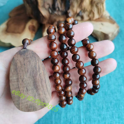 108 Natural Wood Prayer Beads Necklace Guanyin Carving Pendant Blessing Jewelry