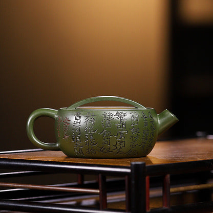 Yixing Zisha Green Clay Tea Pot Carved Character Handmade Large Caliber Teapot