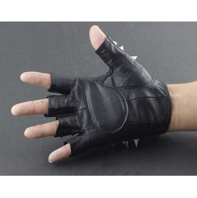 Fashion Mens Metal Spike Studded Leather Fingerless Gloves Cosplay Biker Rock