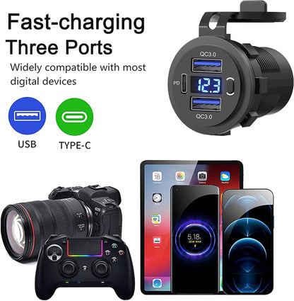 12V-24V PD+QC3.0 Dual USB Car Fast Charger Power Socket Outlet LED Voltmeter lot