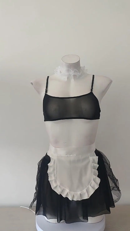 Woman Sexy Lace Lingerie Set Cute Maid Uniform Cosplay Necklace Bra Thong Skirt