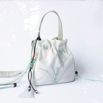 Embroidered Shoulder Bag Flower Bunch Mouth Tassel Exquisite Handbag Polyester