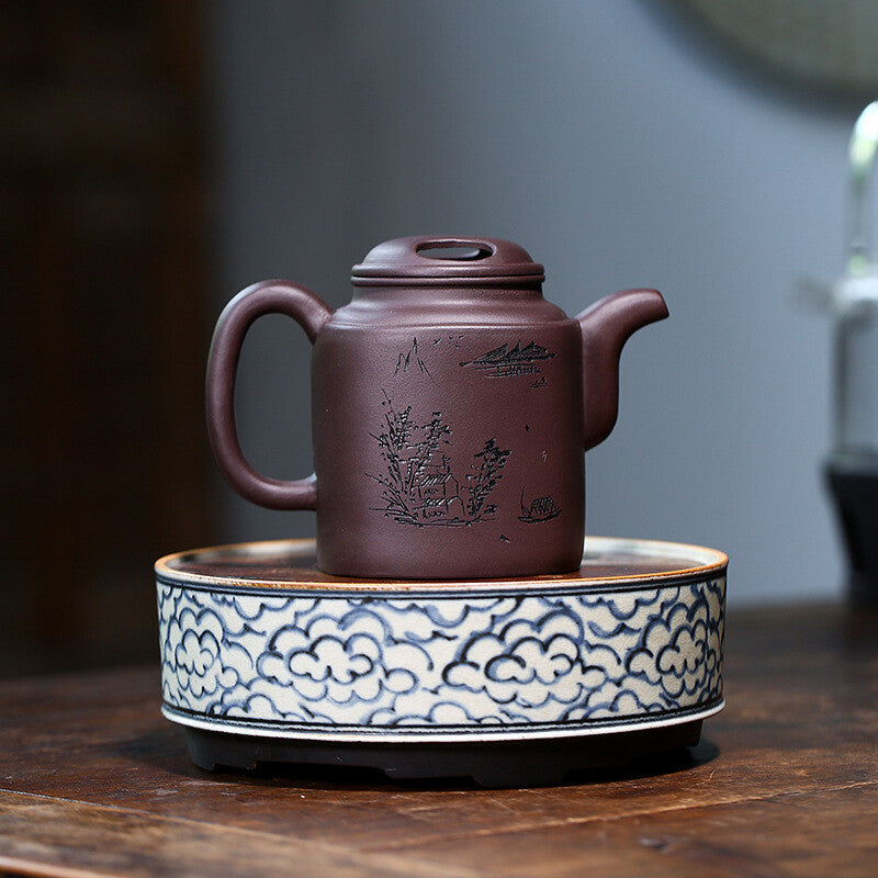 5.7" Chinese Yixing Zisha Pottery Old Purple Clay 380ML Scenery Mesh Teapot 牛盖洋桶