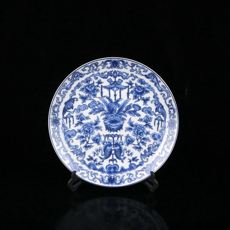 10" Old Chinese Blue and white porcelain Hand Painted Bogu pattern plate