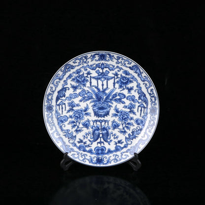 10" Old Chinese Blue and white porcelain Hand Painted Bogu pattern plate