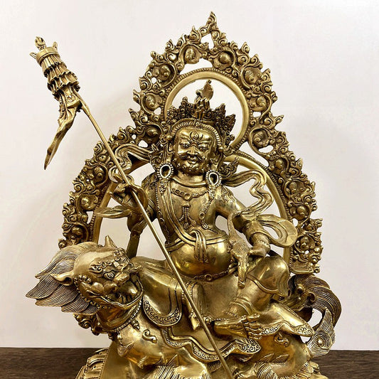 13.4"Xizang Temple Bronze Gilt Vaishravana Treasure King Buddha on Lions Statue