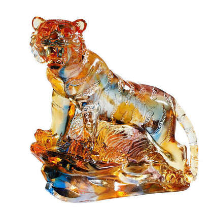 Chinese Liu Li Crystal Tiger Statue Zodiac Figurine Feng Shui Decor