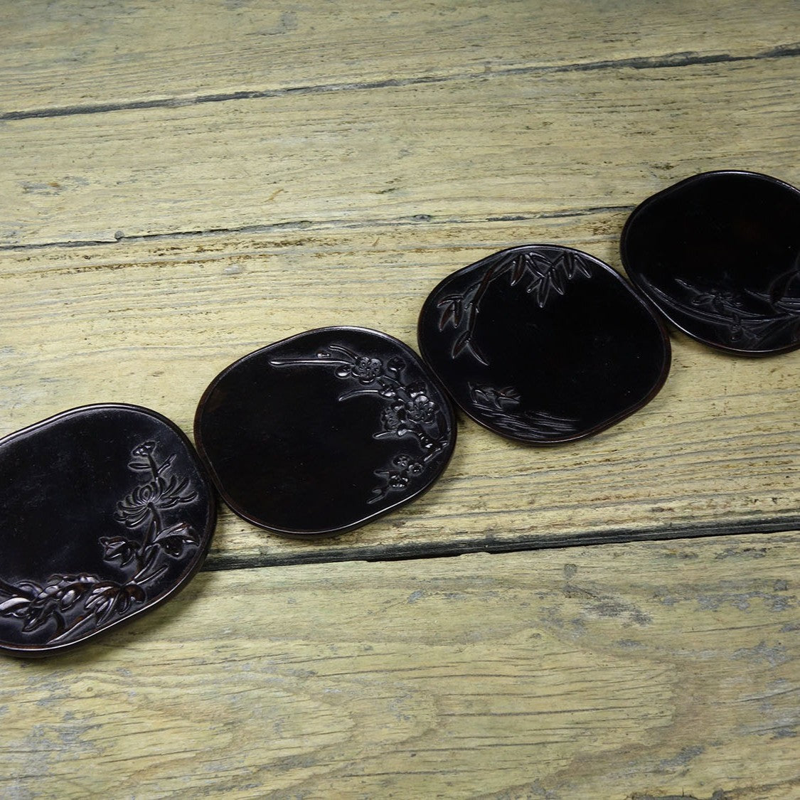 Vintage Sandalwood Carved Plum Orchid Bamboo Chrysanthemum Tea Coasters Set 4pcs