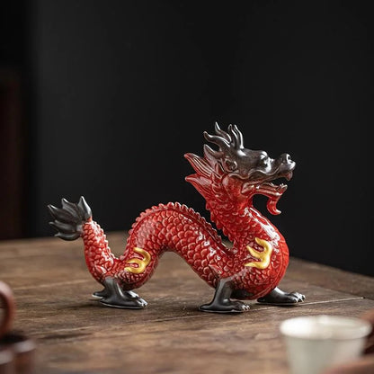 20.5cm Chinese Ceramic Dragon Statue Handmade Attract Wealth Tea Pet Decoration