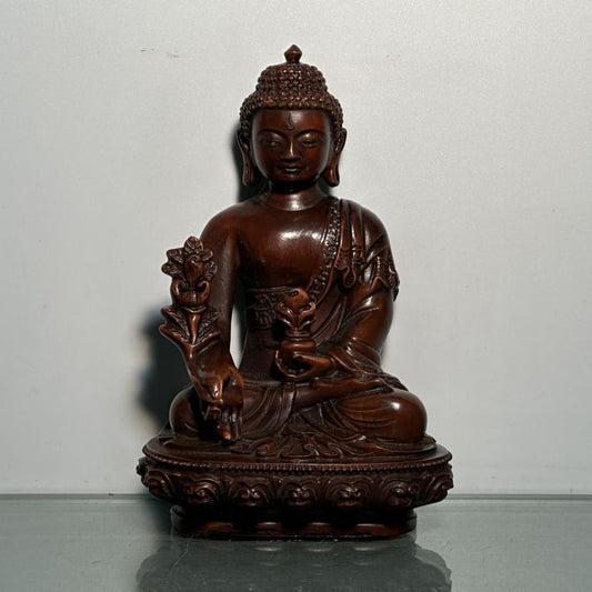 Chinese Vintage Boxwood Carving Medicine Buddha Statue Woodwork Figurines Decor
