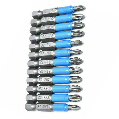 12Pcs 50mm S2 Steel Single-Sided Hexagonal Shank Magnetic Screwdriver Bit Set
