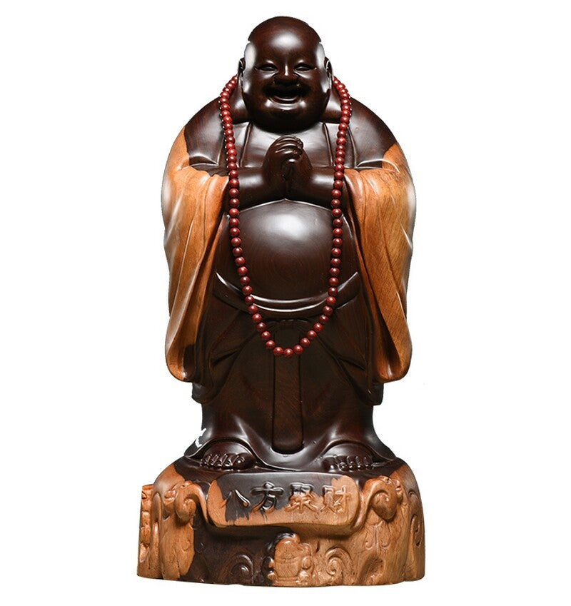 8" Natural Ebony Wood Carved Maitreya Buddha Statue Happy Laughing Buddhism