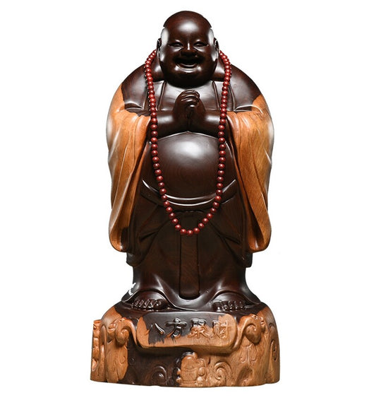 8" Natural Ebony Wood Carved Maitreya Buddha Statue Happy Laughing Buddhism