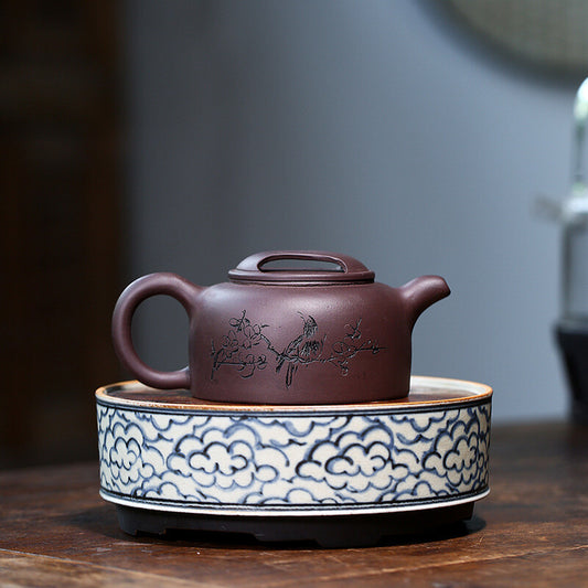 6"Chinese Yixing Zisha Pottery Old Purple Mud 280ML Flower Bird Teapot 牛盖莲子