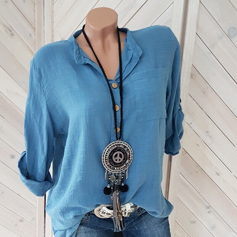Womens Tunic Cotton Linen Pullover Blouse Tops Ladies Baggy Long Sleeve T-Shirt